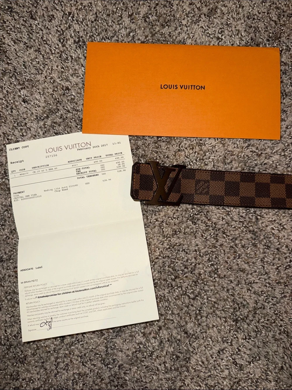 Louis Vuitton Brown Damier Canvas Belt with Dark LV Buckle